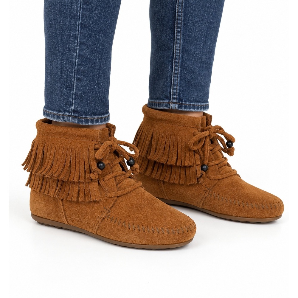 Minnetonka Double Fringe Suede Moccasin Ankle Boots Brown Women's 7.5